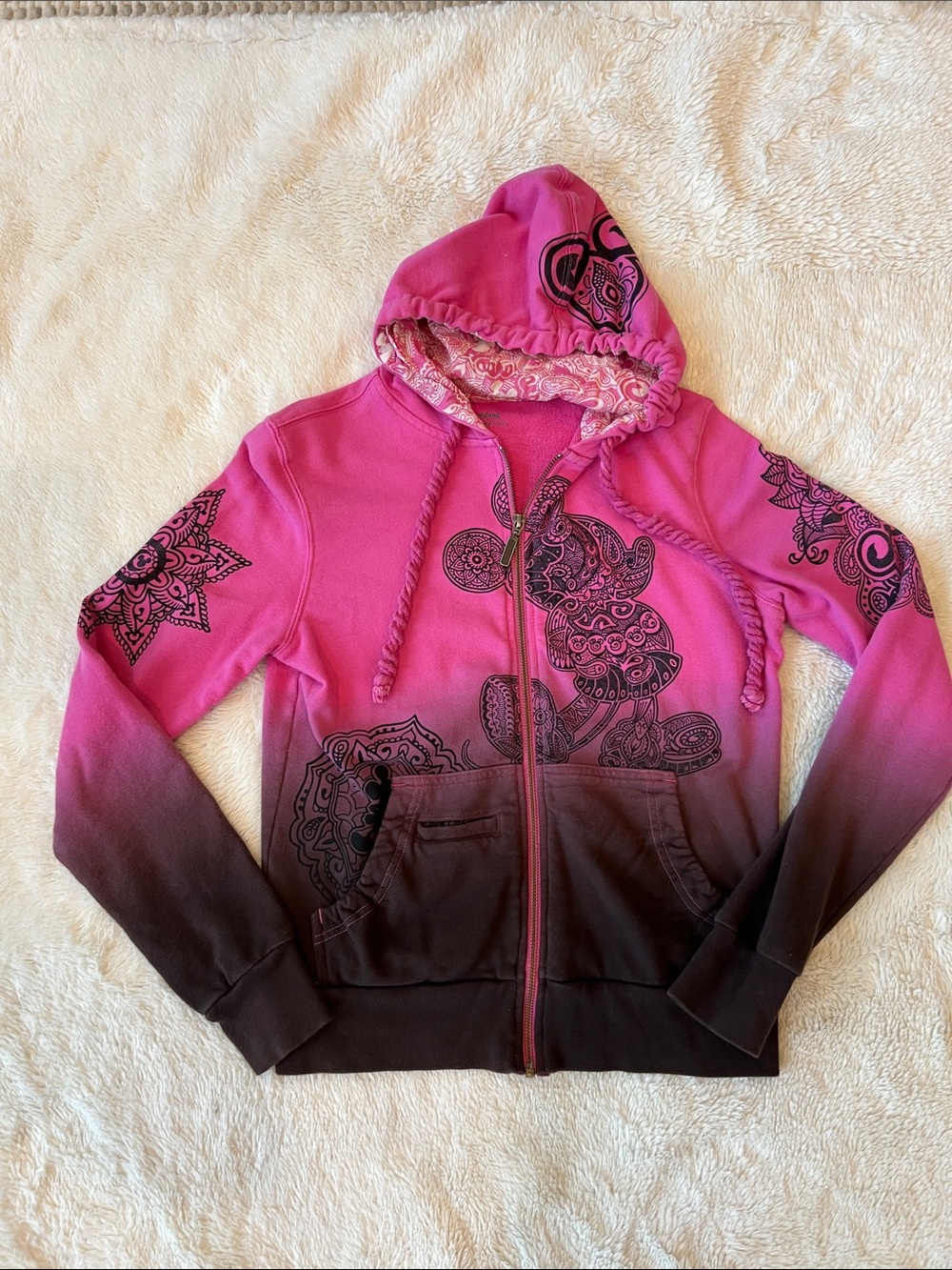 Y2K Disneyland Pink Brown Minnie Mickey Mouse Ombre Mandala Graphic Hoodie Sz S